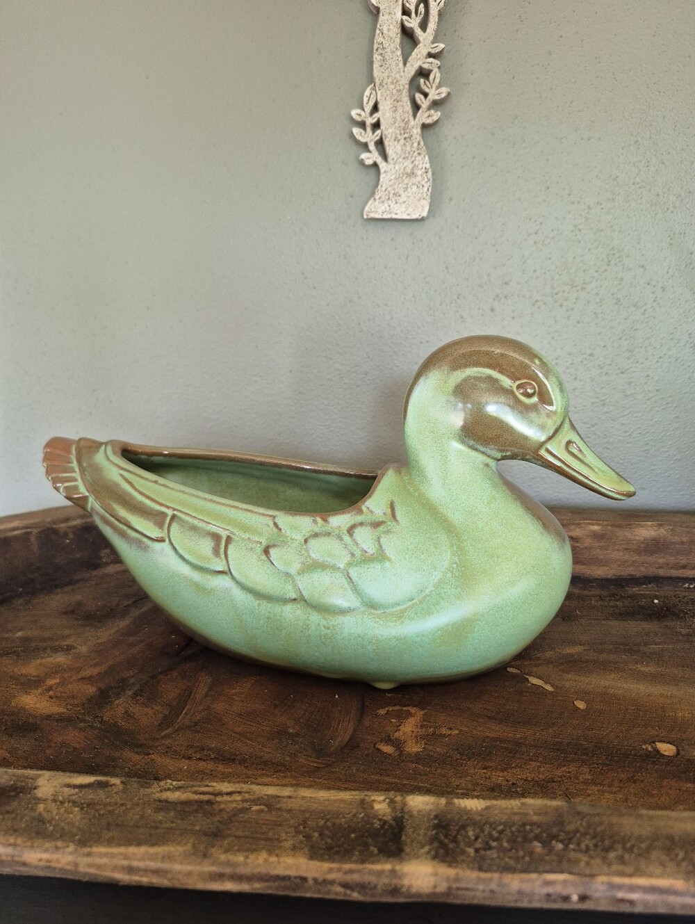 Vintage Green Ceramic Duck Planter - Unbranded